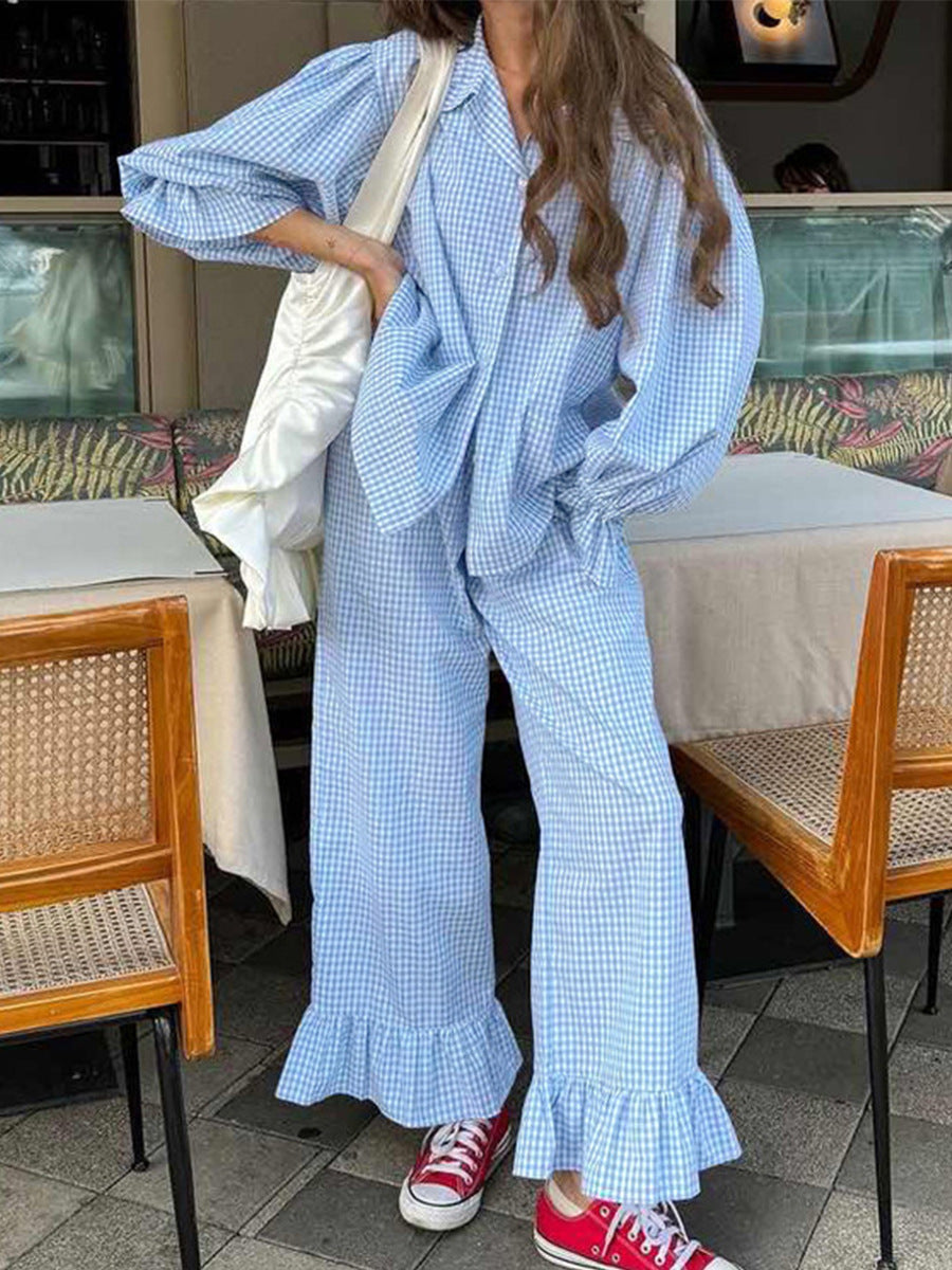 Cross-Border Pure Cotton Plaid Long-Sleeved Pants Two-Piece Set European and American 2025 Autum New Ruffled Shirt Pants Suit