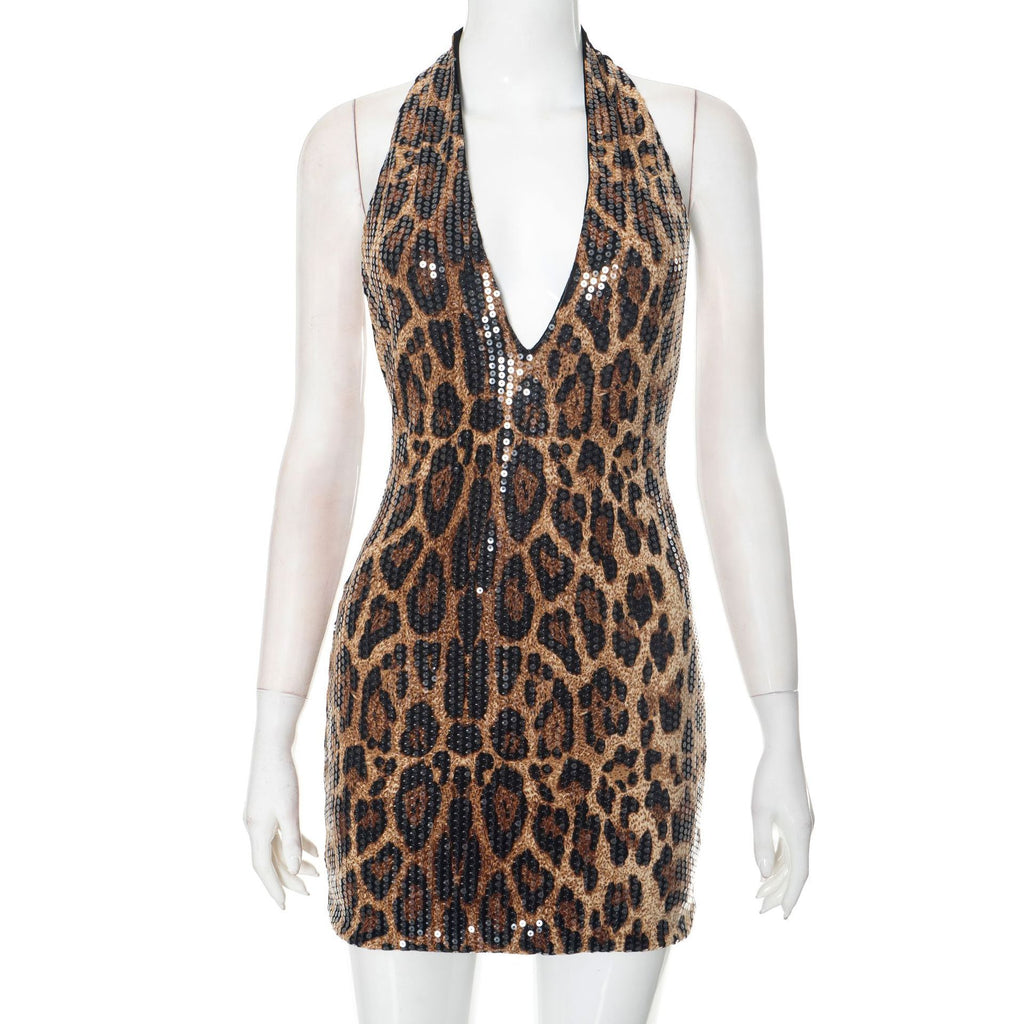 Halterneck Deep V Animal Print Sequin Sleeveless Backless Dress