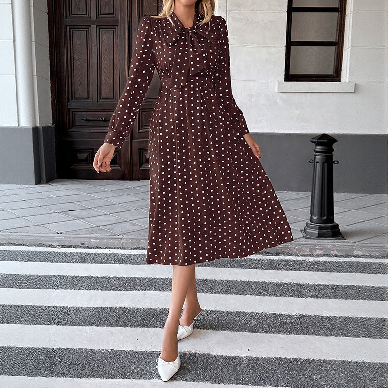 Retro Bow Collar Polka Dot Mid-Length Dress