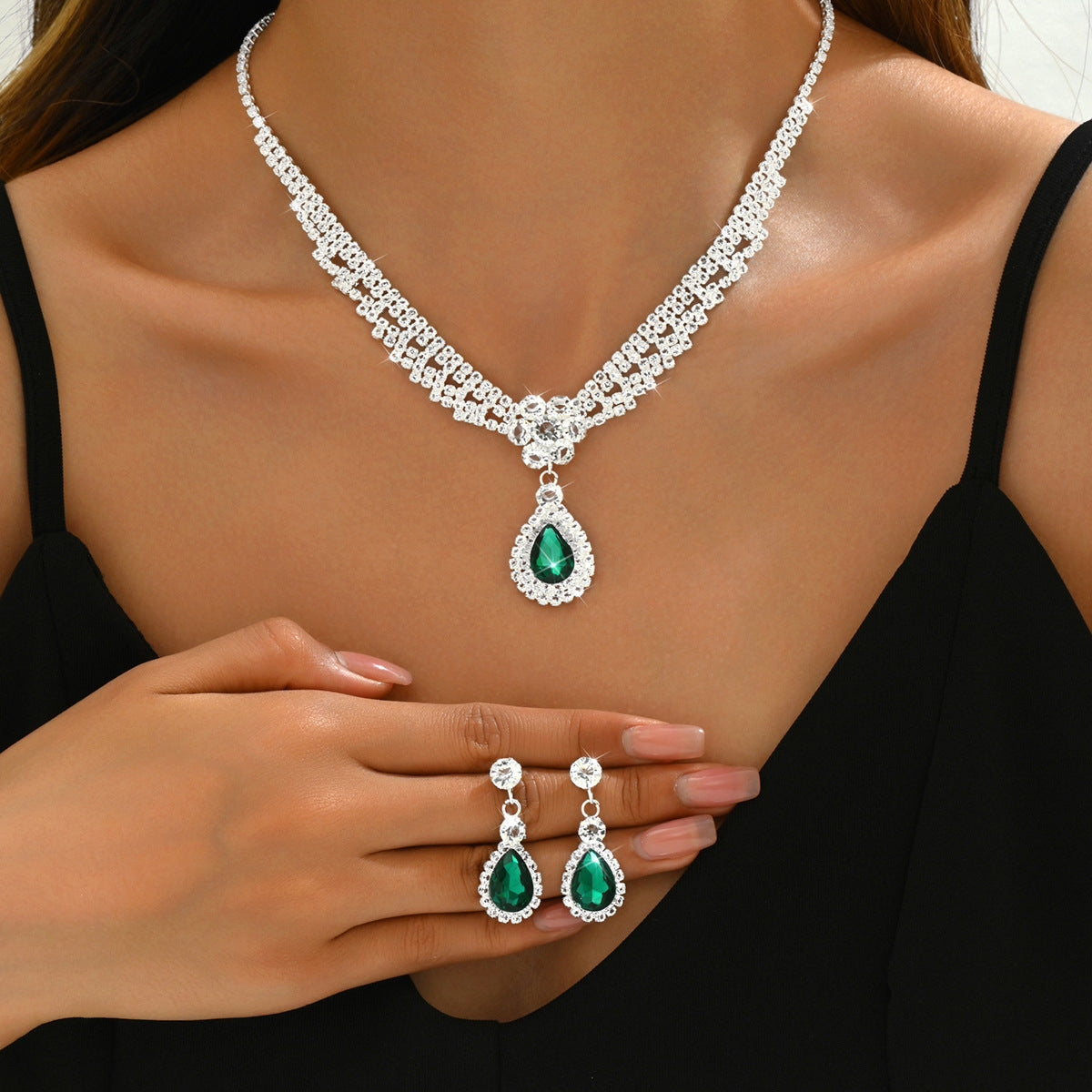 Diamond Drop Flower Necklace Earrings