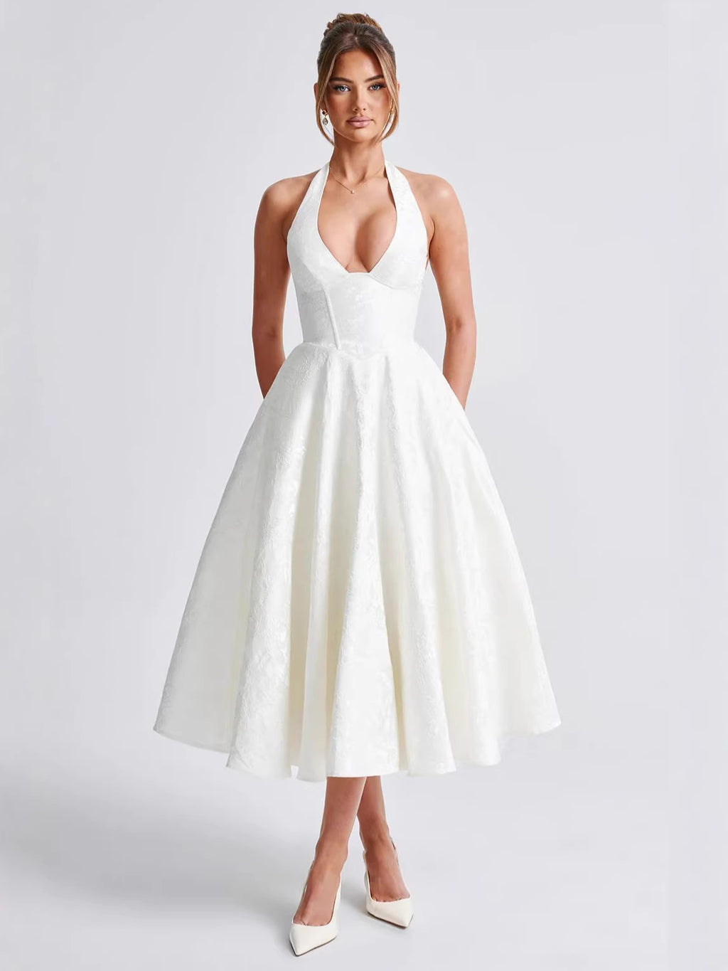 V-Neck Halter Jacquard Evening Dress