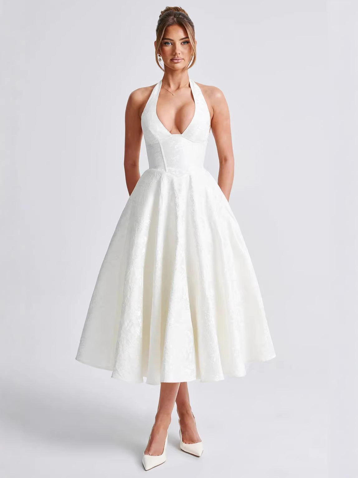 V-Neck Halter Jacquard Evening Dress