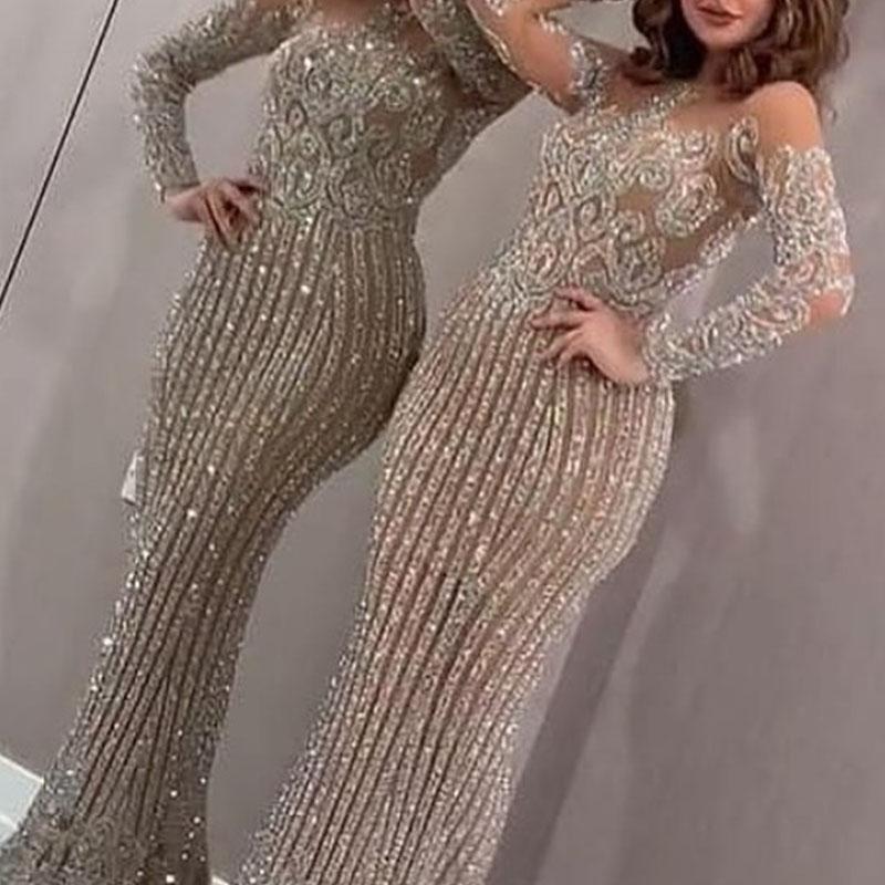2026 Cross-Border Spring and Summer New Style Long Dress with Mid-Waist, Elegant and Suitable for Work, Sequined with Gold Accents, Slim-Fit, Gold Color, Slimming Dress