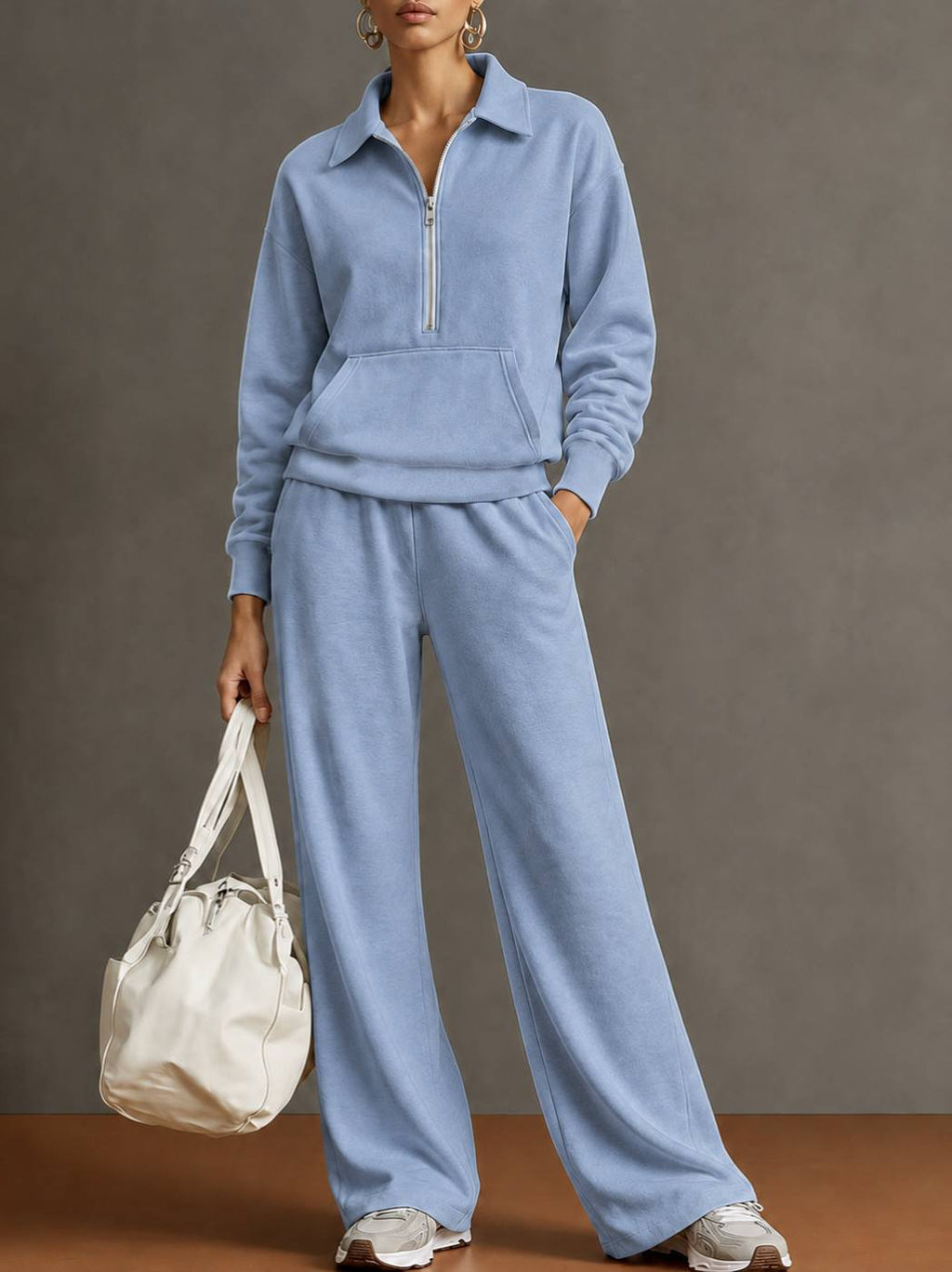 Women Two-Piece Half-Zip Sweatshirt and Wide-Leg Pants Set