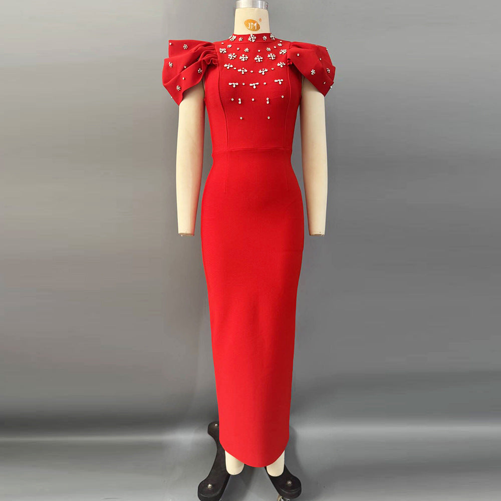 Women's Rhinstone Ruffle Sleeve Bodycon Knitted Long Dress