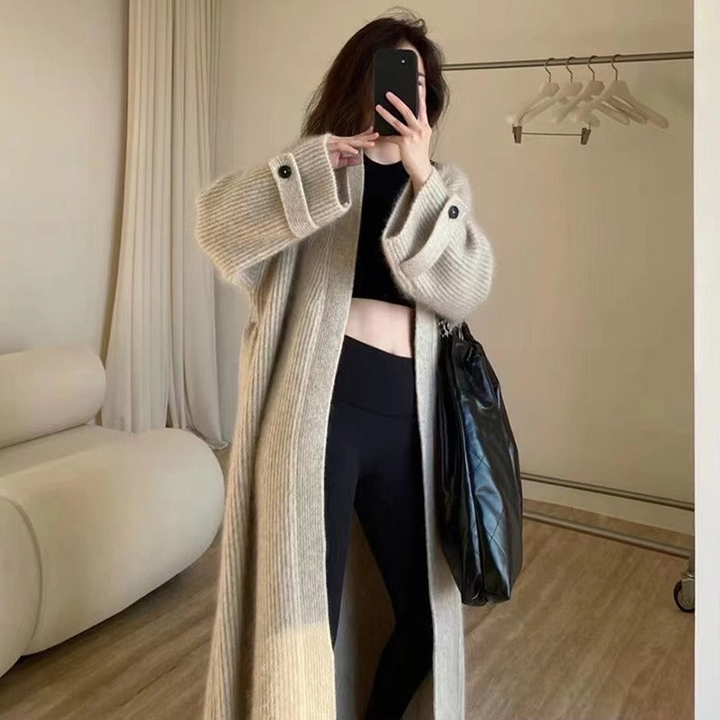 Womens Long Knitted Cardigan with V-Neck