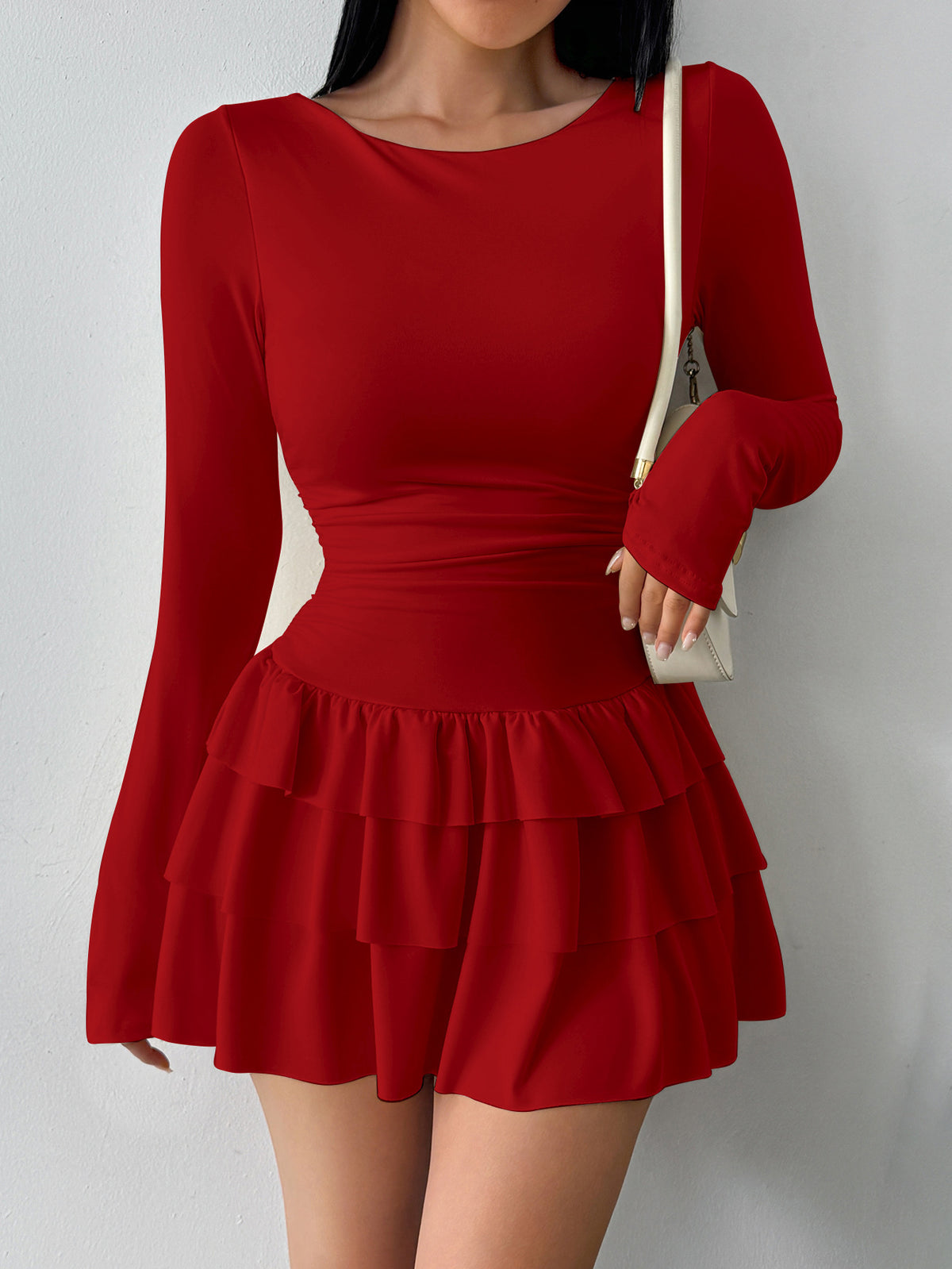 Womens Solid Color Long Sleeve Dress