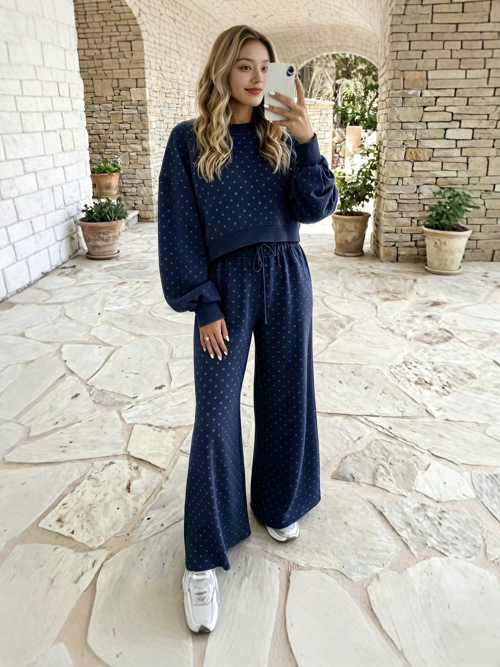 Women's High-Waisted Polka Dot Print Knit Sweatshirt and Wide Leg Pants Set