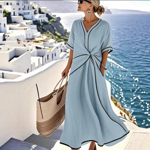 Womens Elegant V-Neck Short Sleeve A-Line Dress Loose Fit