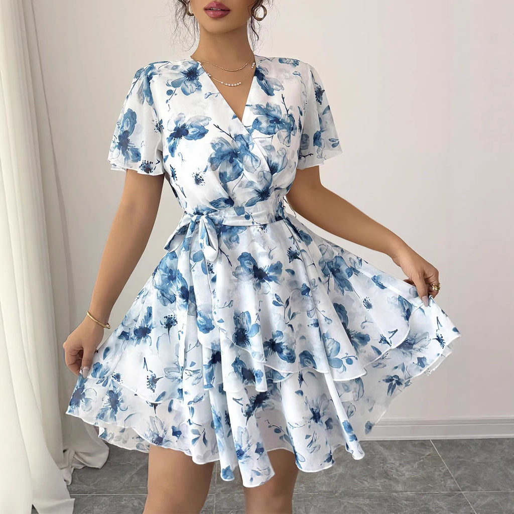 Womens Floral Print V-Neck Short Sleeve Bohemian Swing Dress