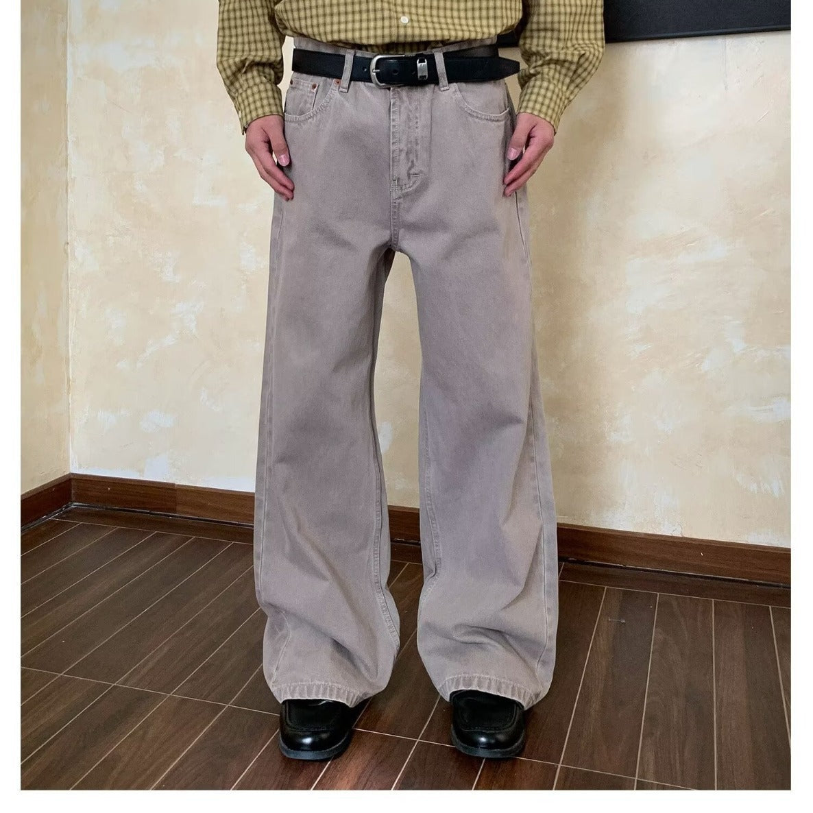 Retro washed oatmeal color loose wide-leg straight jeans
