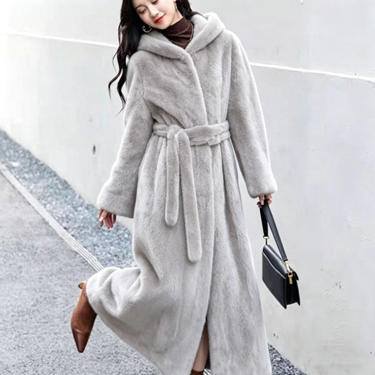 Extra-Long Faux Fur Hooded Coat with Belt for Women