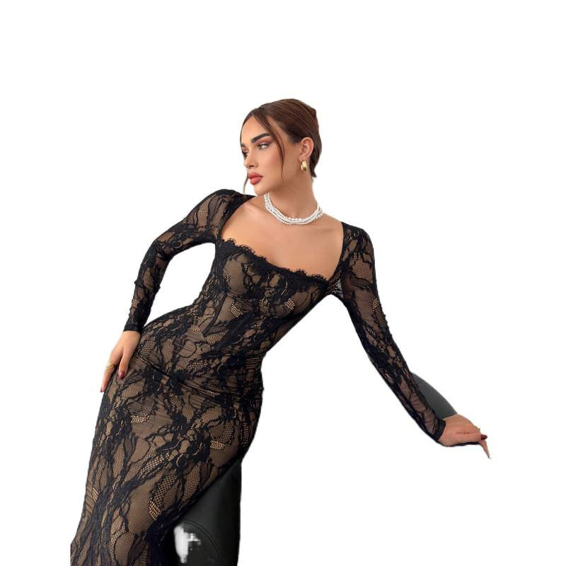 Women's Lace Square Neck Long Sleeve Dress