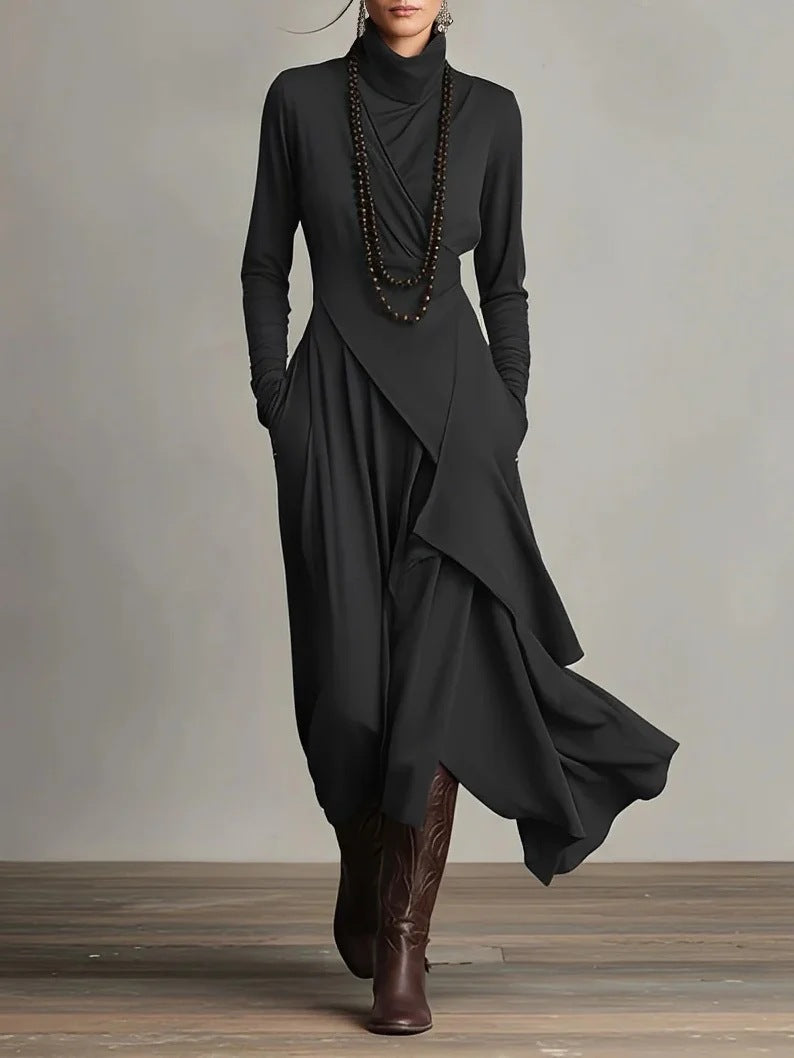 Women's Solid Color Long Sleeve A-Line Knitted Maxi Dress with Half Turtleneck