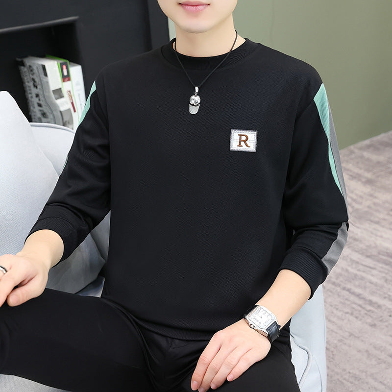 Men's Patchwork Letter Embroidery Long Sleeve Round Neck Loose Polyester T-Shirt