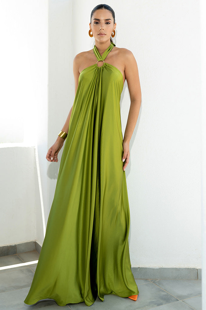 Women's Satin Spaghetti Strap Dress with Large Swing Skirt