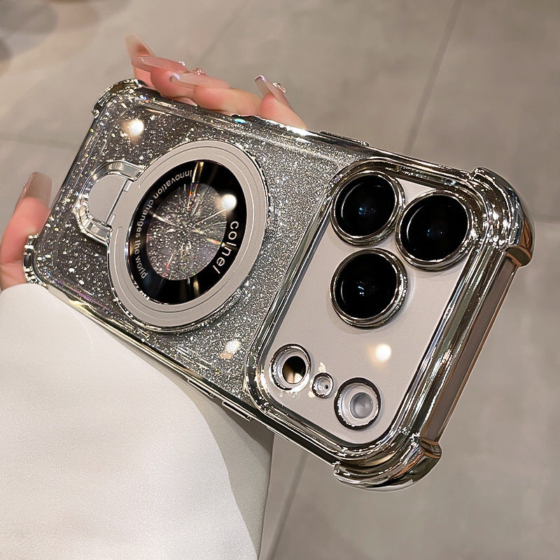 Four-Corner Airbag Phone Case with Magnetic Stand and Glitter Design