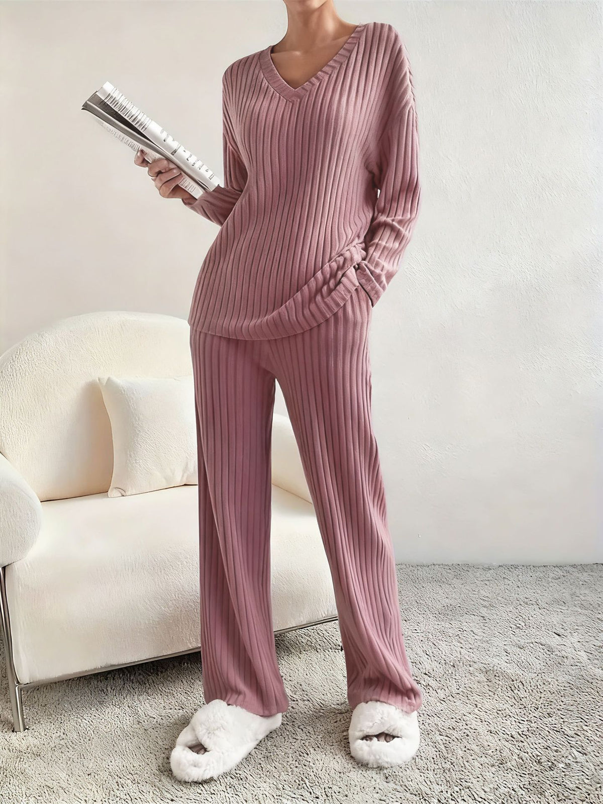 Women's V-Neck Ribbed Knit Two-Piece Set
