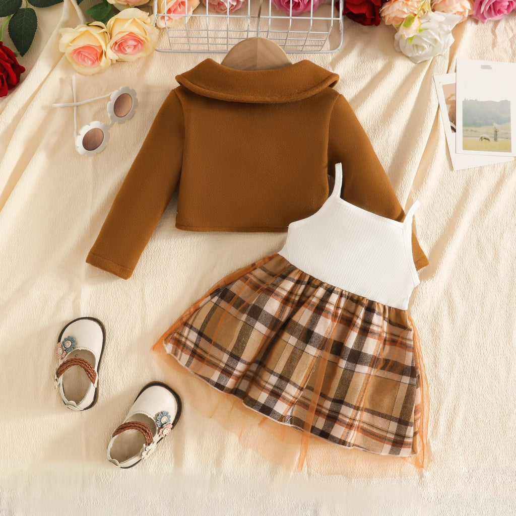 Baby Woolen Lapel Coat and Mesh Dress Set