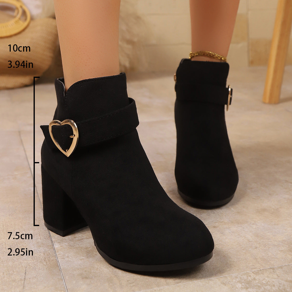 Women's Heart Metal Buckle Suede Mid-Heel Short Boots with Side Zipper