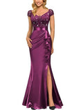 V-Neck Slim-Fit Pleated Slit Evening Gown Long Dress