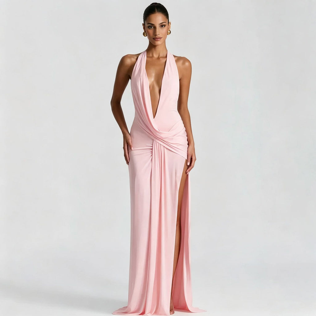 Deep V-Neck Halter Ruched Backless Dress