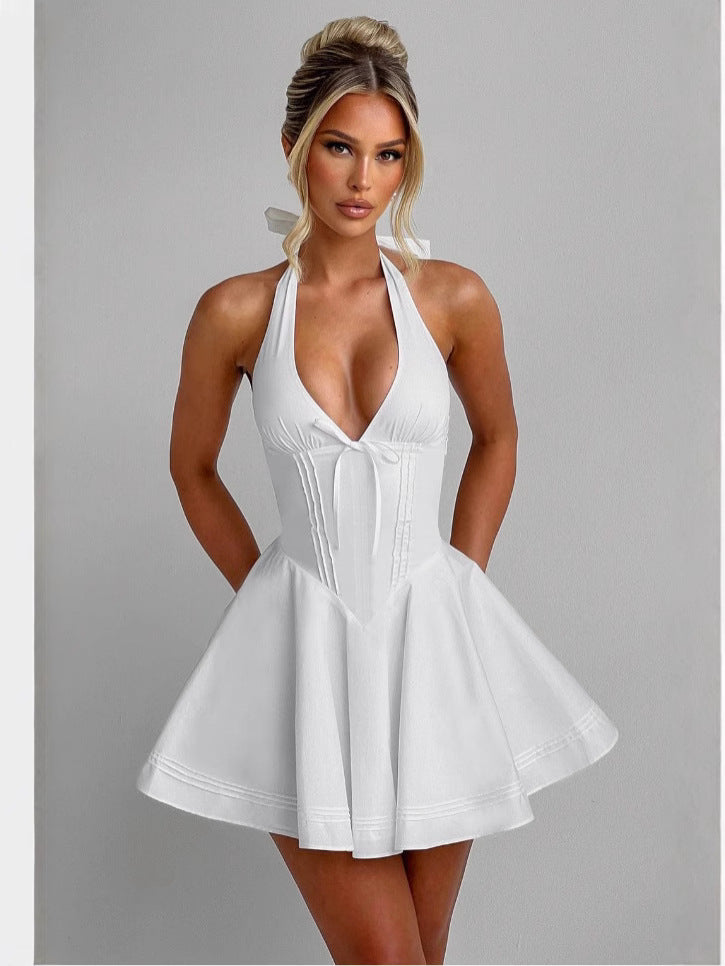 French Design Deep V Neck Open Back Halter Mini Dress Slim A-Line Summer Dress