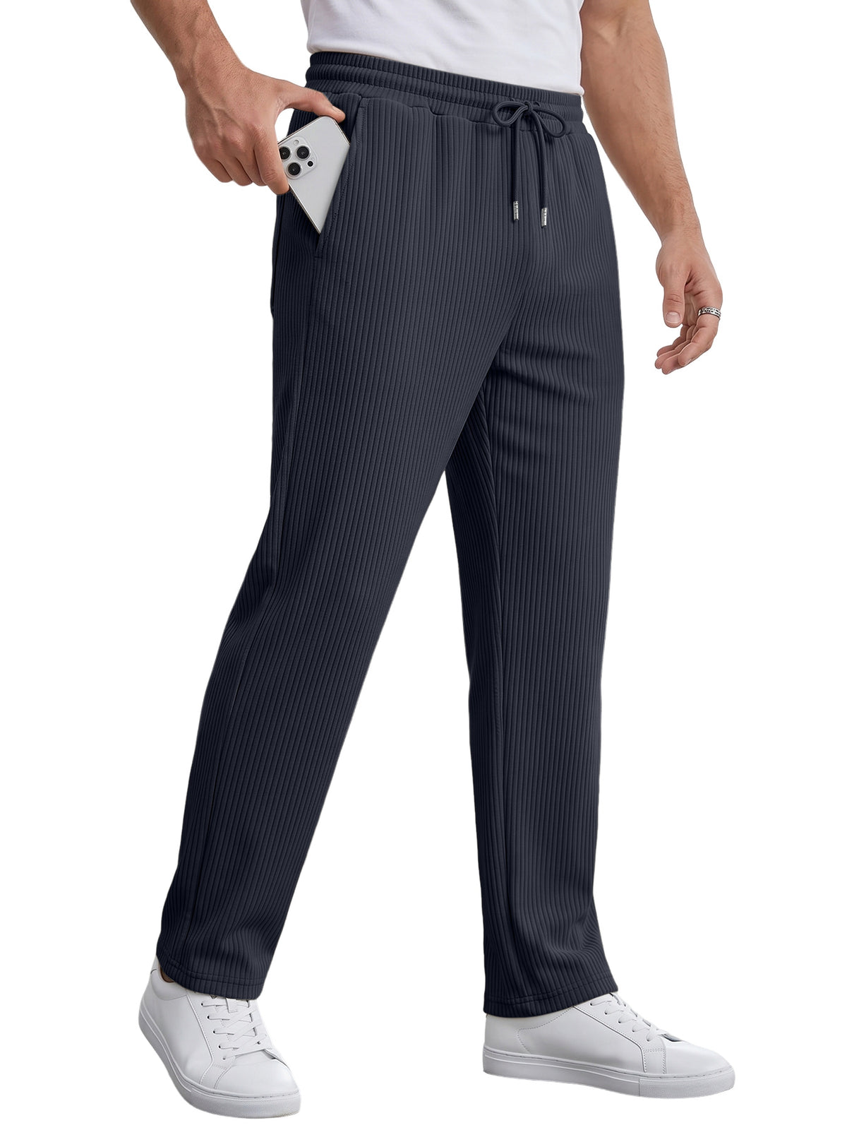 Men's Striped High Waist Wide Leg Straight Pants Casual Trousers