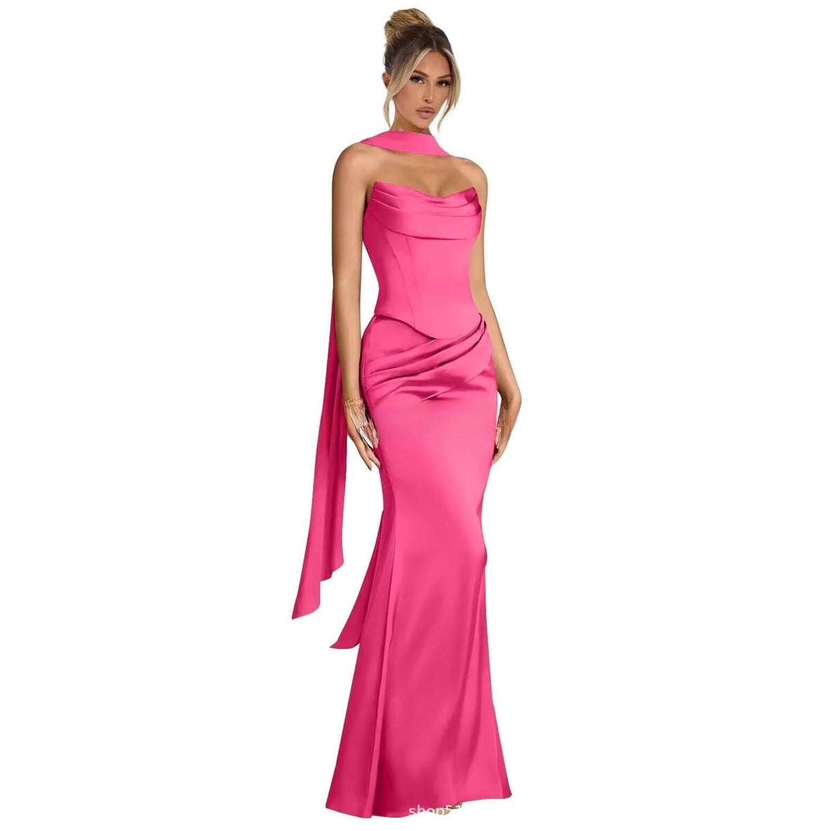 Women's Halter Neck Satin Fishtail Long Evening Dress