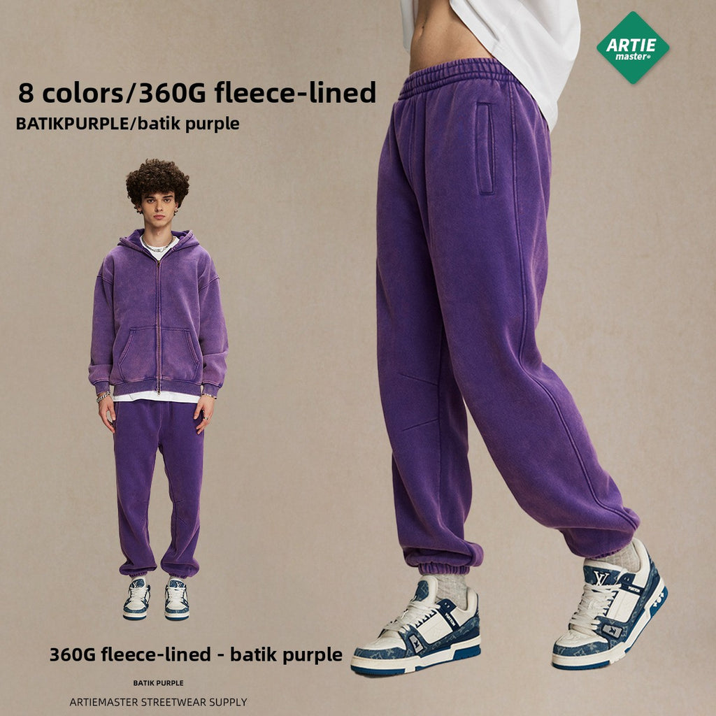 Men's garment dyeing distressed and padded double-headed zipper sweatshirt and pants set