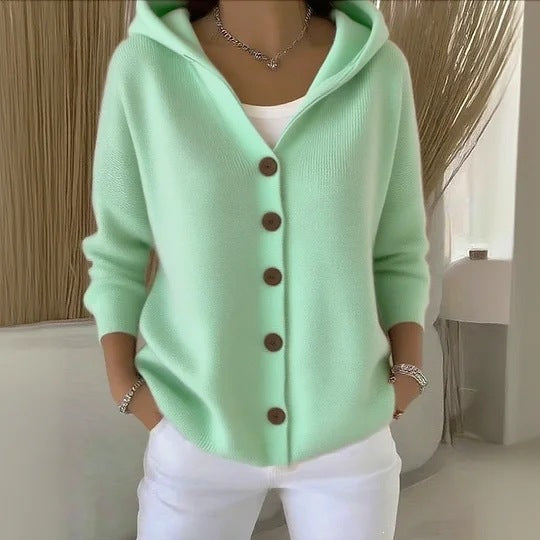 Women's Hooded Knitted Cardigan Solid Color Casual Fashion Sweater Jacket