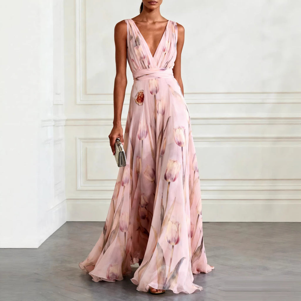 Womens Floral Print Sleeveless V-Neck Irregular Long Dress