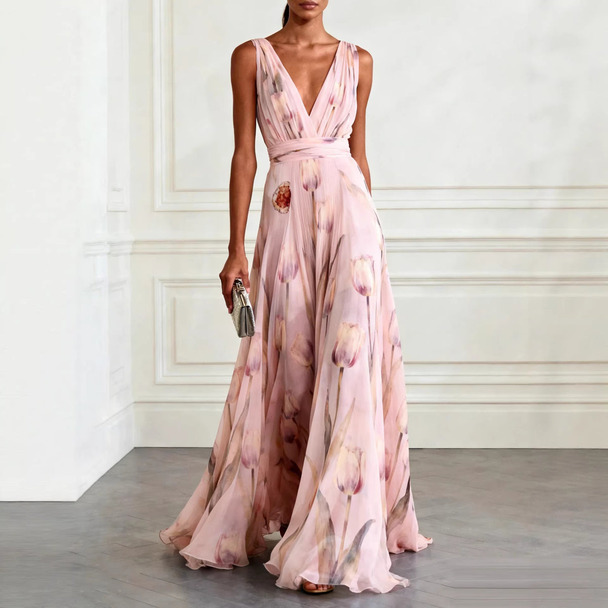 Womens Floral Print Sleeveless V-Neck Irregular Long Dress