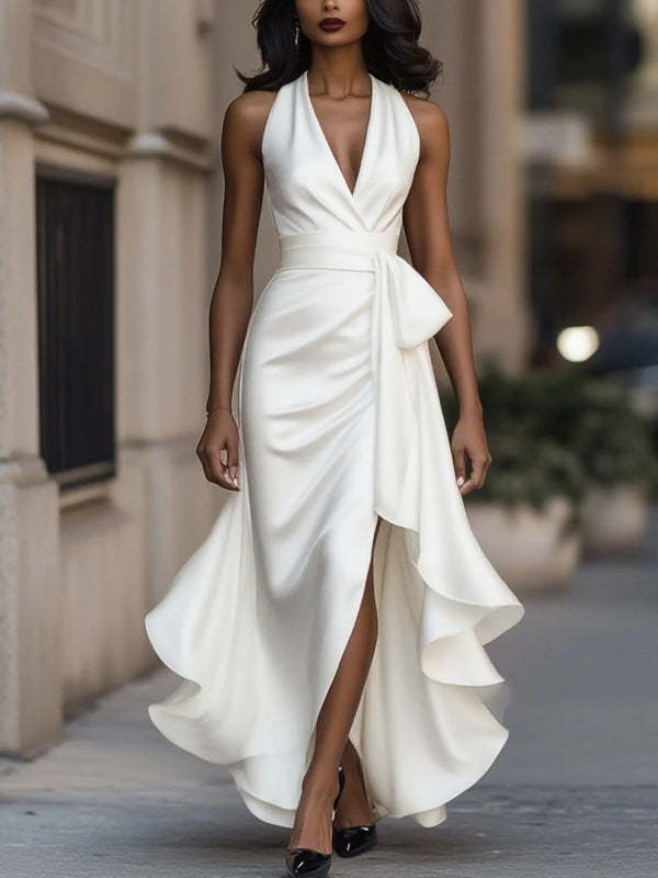 Womens Elegant V-Neck Ruffled Dress