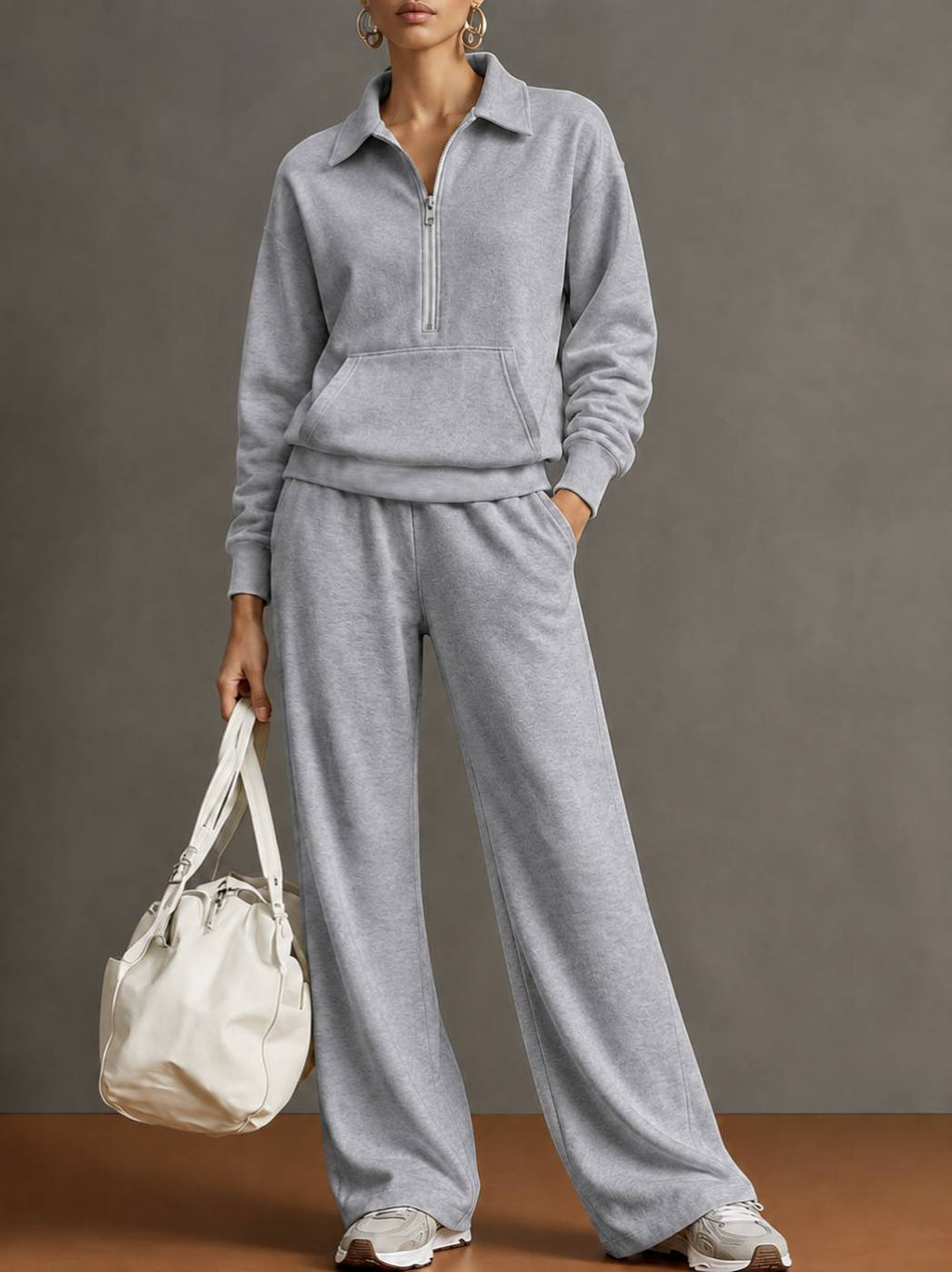 Women Two-Piece Half-Zip Sweatshirt and Wide-Leg Pants Set