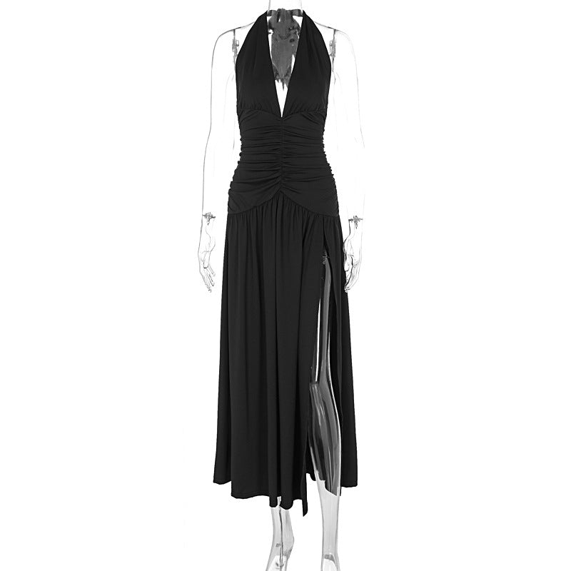 New Sexy V-Neck Slim-Fit Hot Girl Pure Color Halter Neck Slit Dress