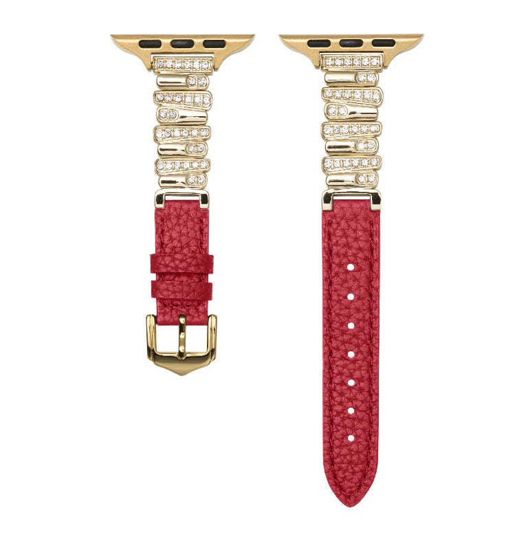 Irregular Diamond-Encrusted Leather Strap for Apple Watch Series 1-11