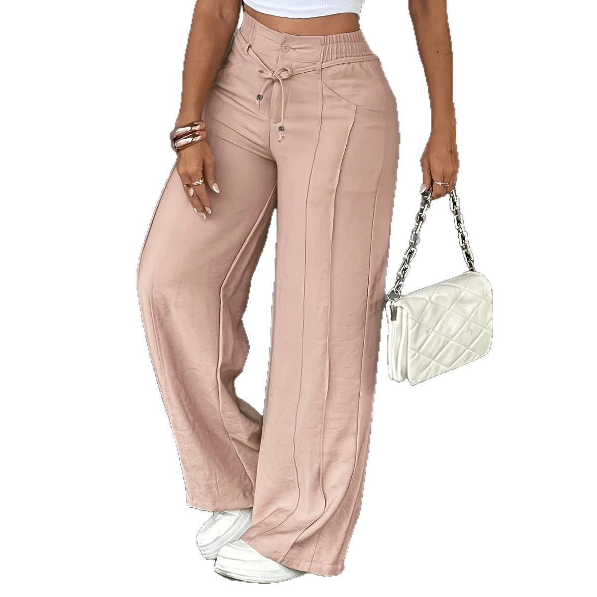 Women's Wide Leg Straight Pants Loose Casual Trousers Drawstring High Waist Multi-Pocket