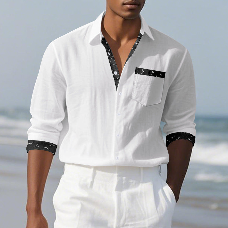 Men's Solid Color Long Sleeve Lapel Shirt Digital Print