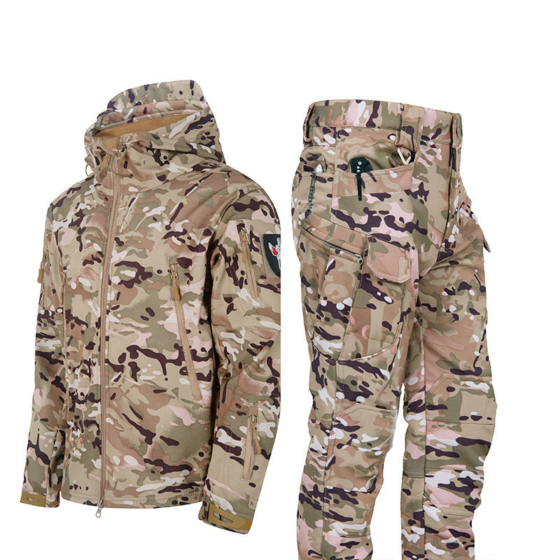 Men's Waterproof Tactical Jacket Set with Fleece Lining Sharkskin Outdoor Hunting Clothing