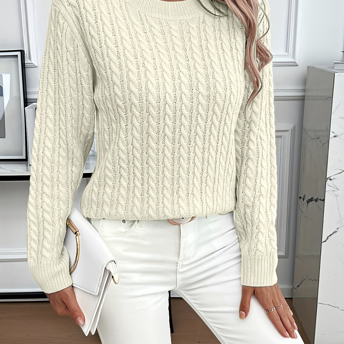 Crew-neck cable-knit sweater