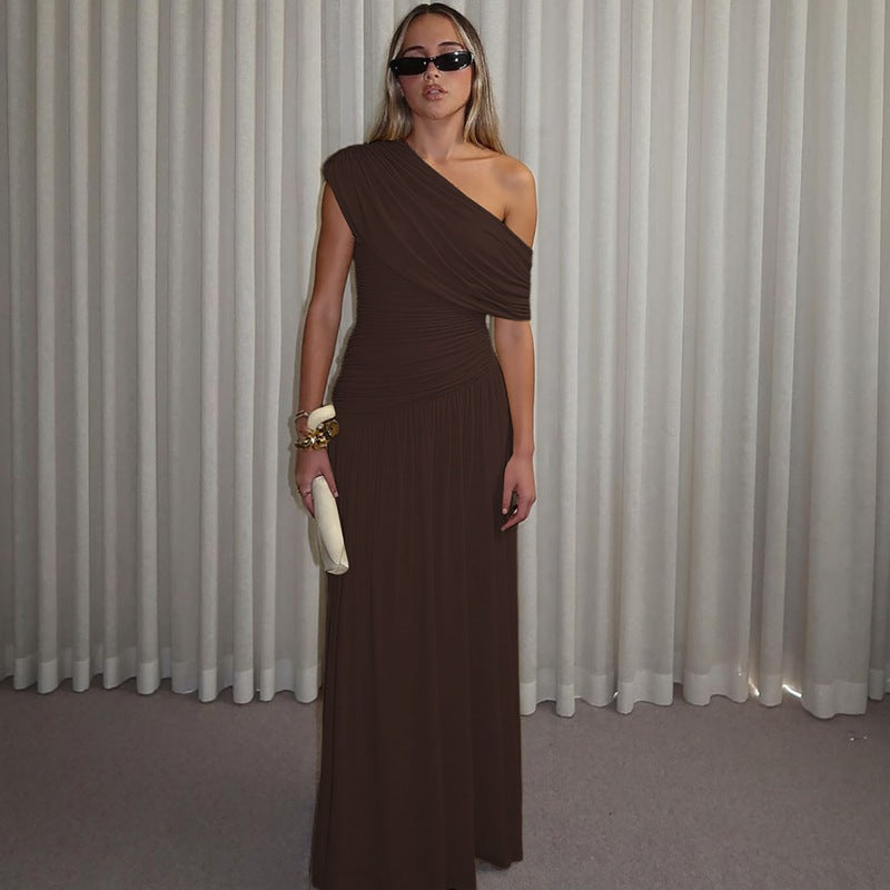 Womens Asymmetrical Neckline Pleated Dress