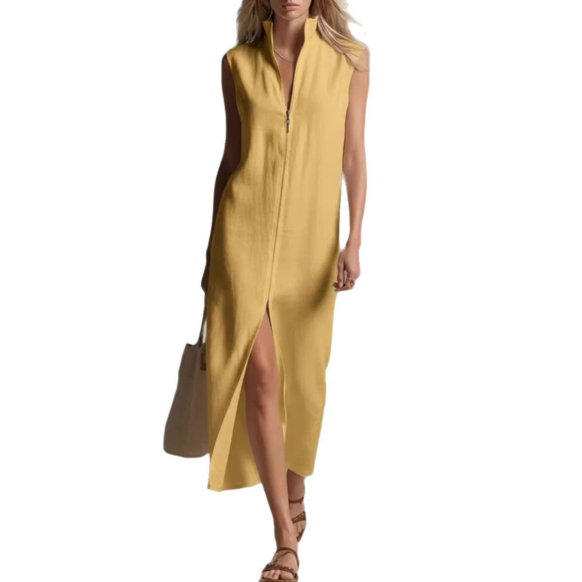 Sleeveless Zip-Up Stand Collar Casual Dress