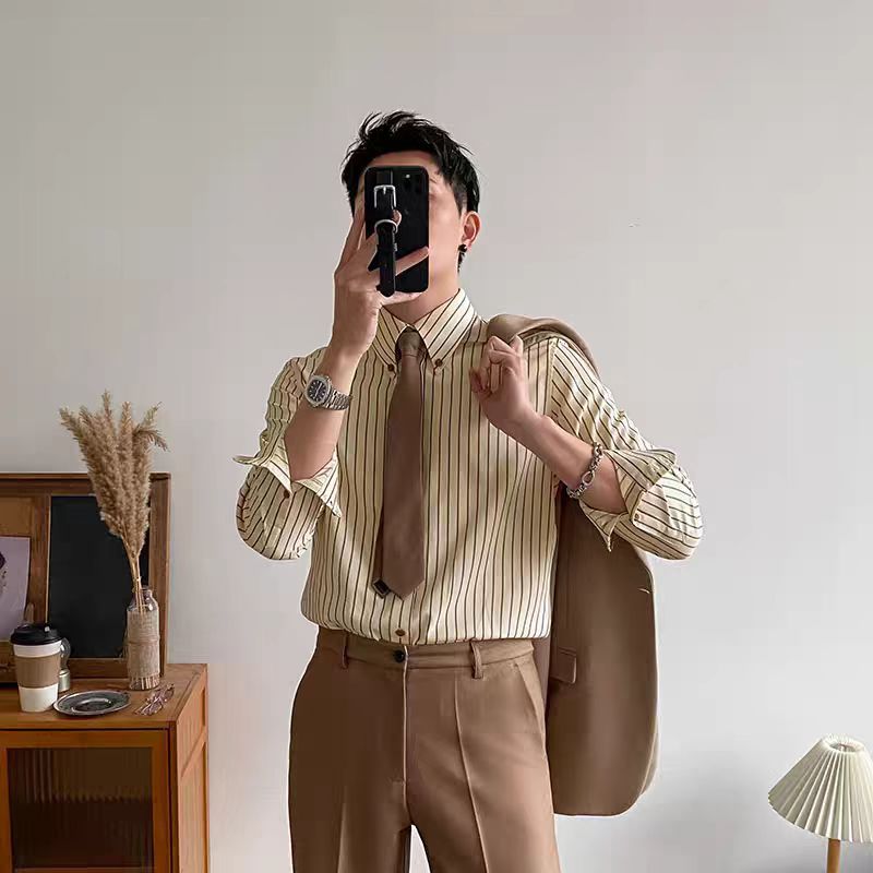 Anti-Wrinkle Slim Fit Mens Long Sleeve Striped Shirt