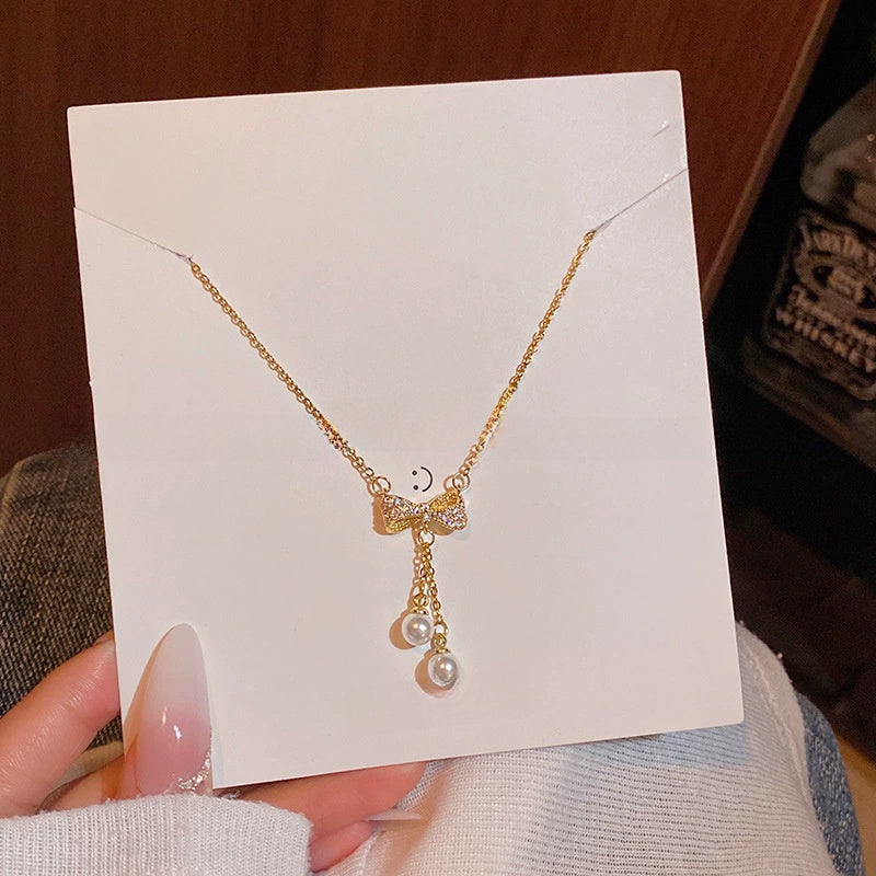 Elegant Titanium Steel Zircon Pearl Pendant Necklace