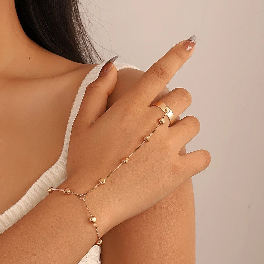 Vintage Heart Hand Chain Bracelet Ring Set for Women