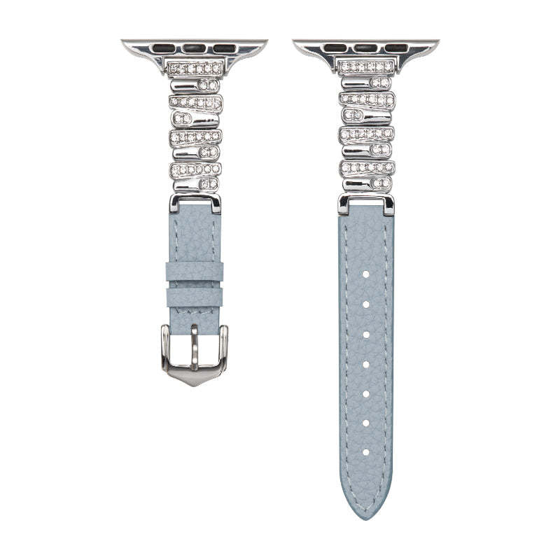Irregular Diamond-Encrusted Leather Strap for Apple Watch Series 1-11