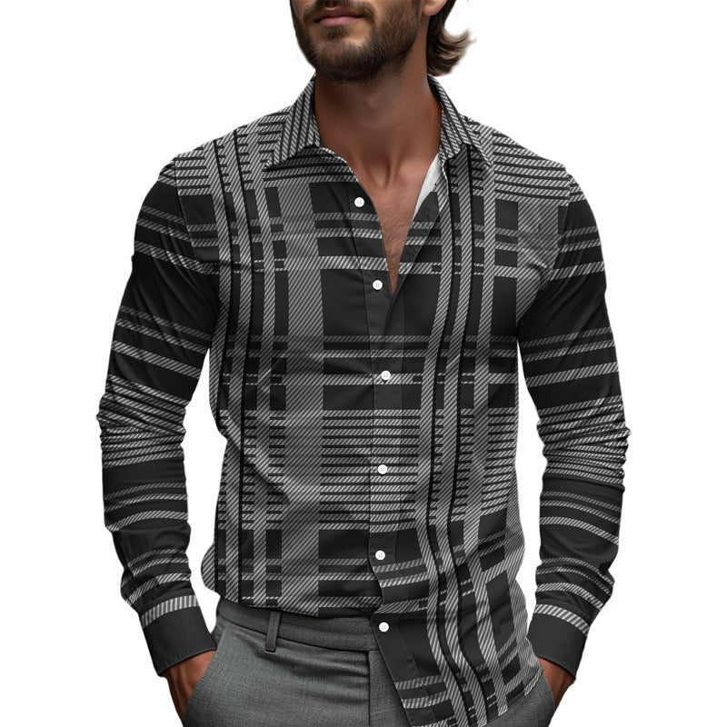 Men Printed Long Sleeve Casual Shirt Lapel Collar