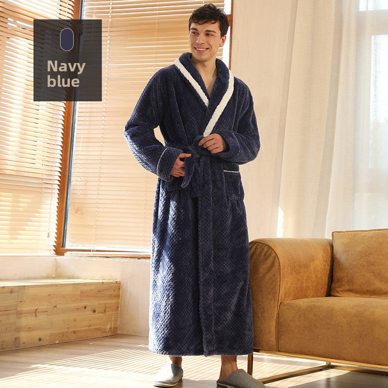 Long Thick Flannel Couple Bathrobe with Lapel Collar