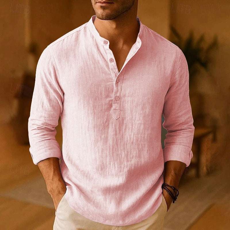 Men's Linen Stand Collar Long Sleeve Breathable Casual Shirt